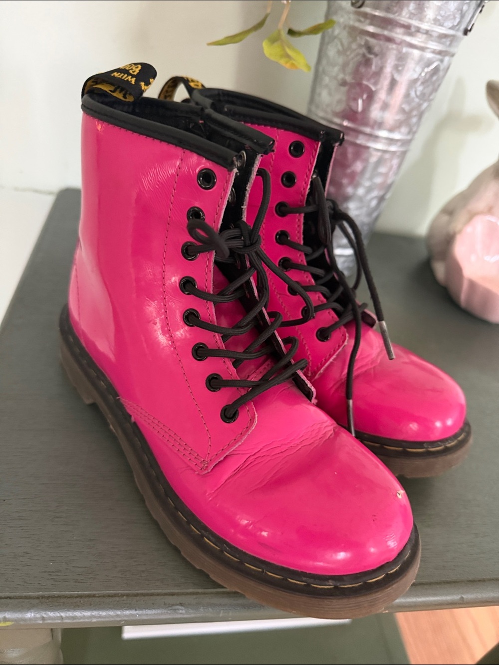 Dr Martens Delaney Air Wair Bright Pink Patent Lace-Up Boots